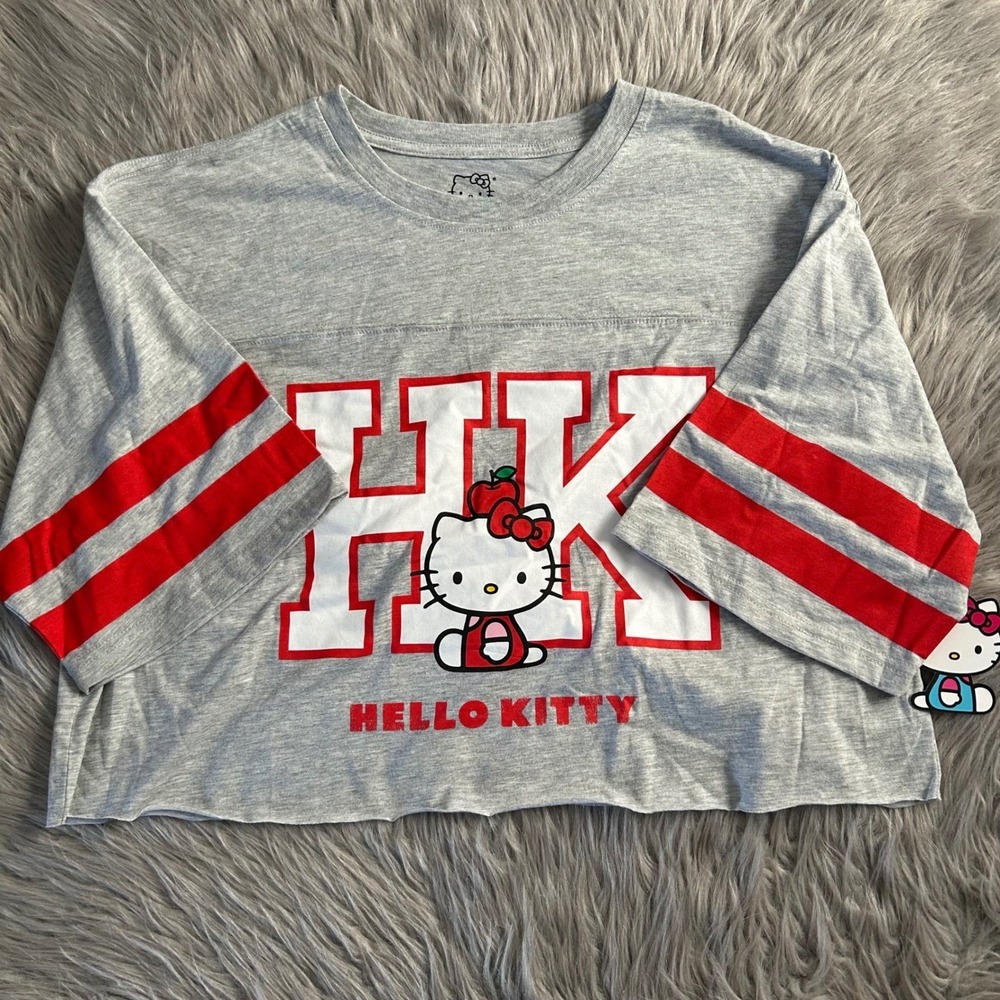 Hello Kitty Crop Top Womens Size‎ XL (16/18) Gray Short Sleeve Shirt
